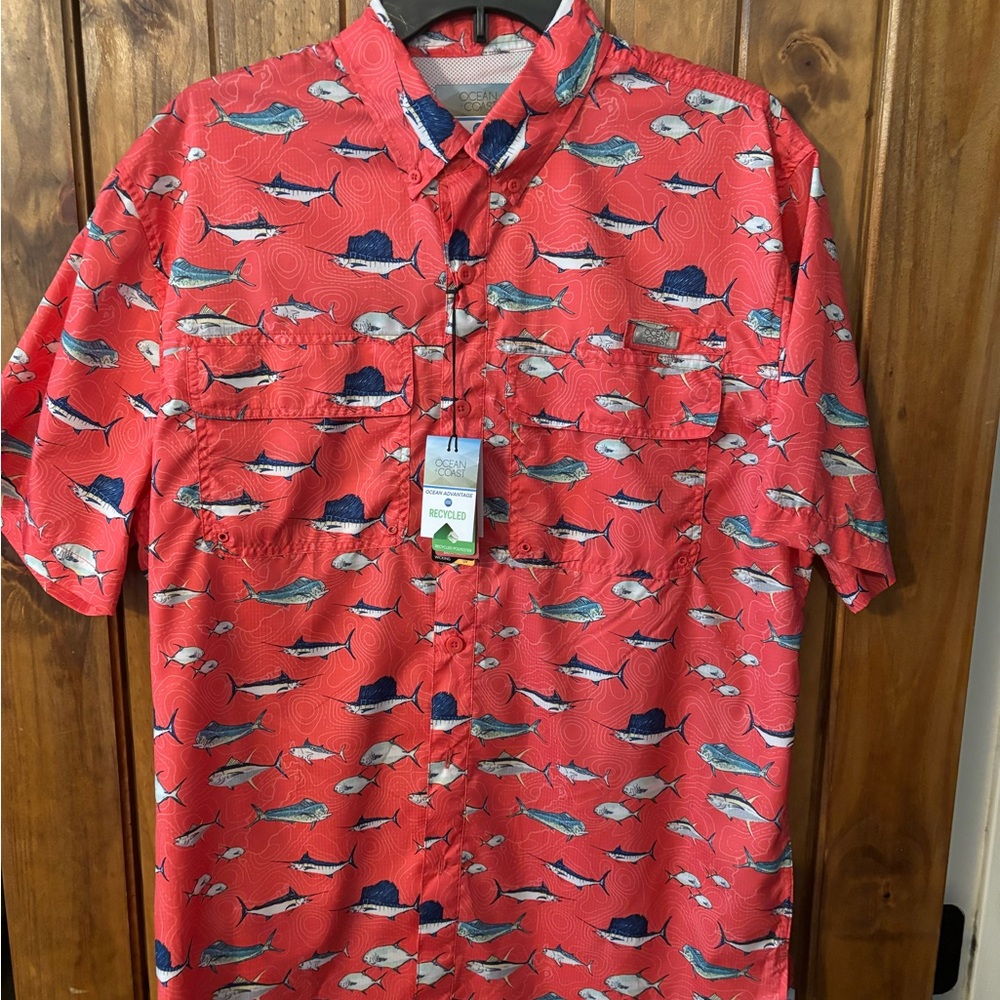Red Casual Button Down Shirt with Fish Print